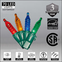 Load image into Gallery viewer, Case 24 Multi-Coloured 70 Light LED Faceted M5 Outdoor Christmas Mini Light Set
